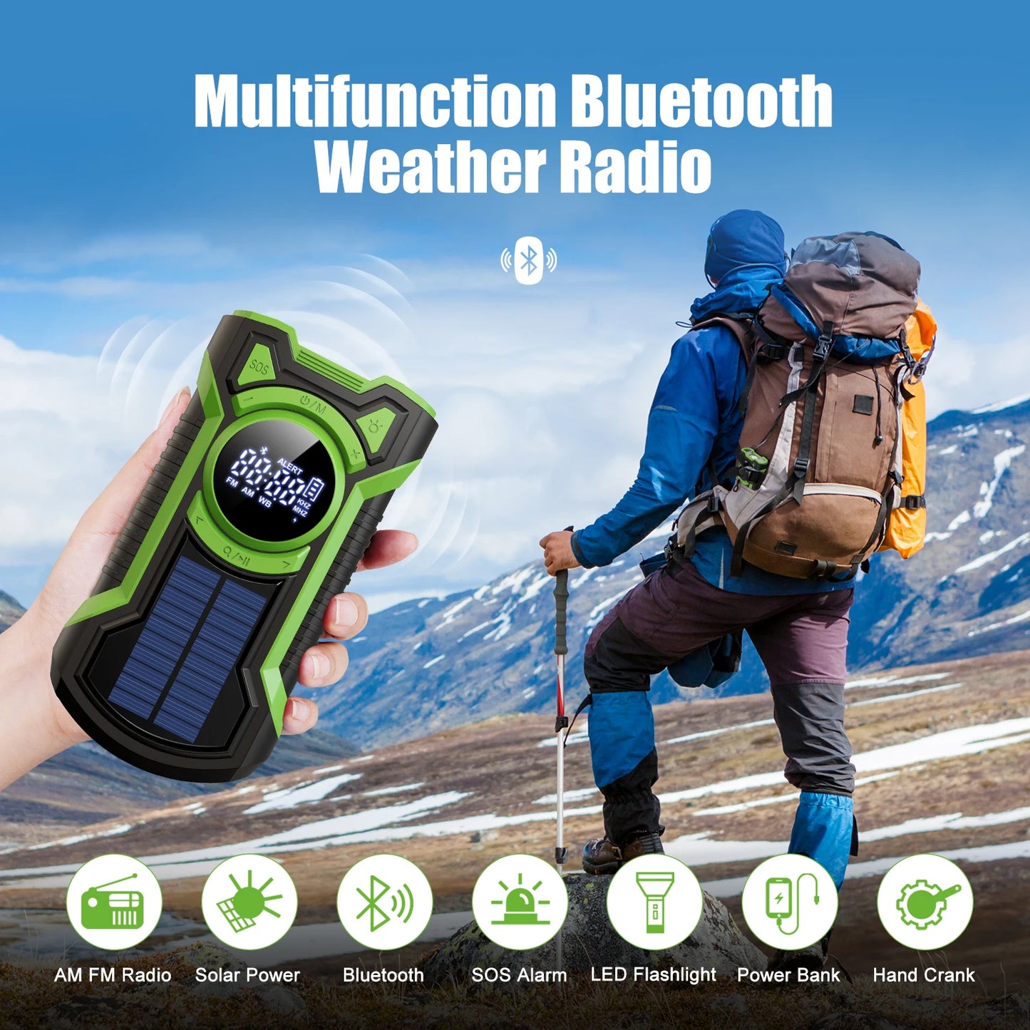 Emergency Radio Hand Crank Solar 5000mAh, IP65 Waterproof Dustproof Bluetooth 5.3 Portable AM/FM/NOAA Weather Alert Radio