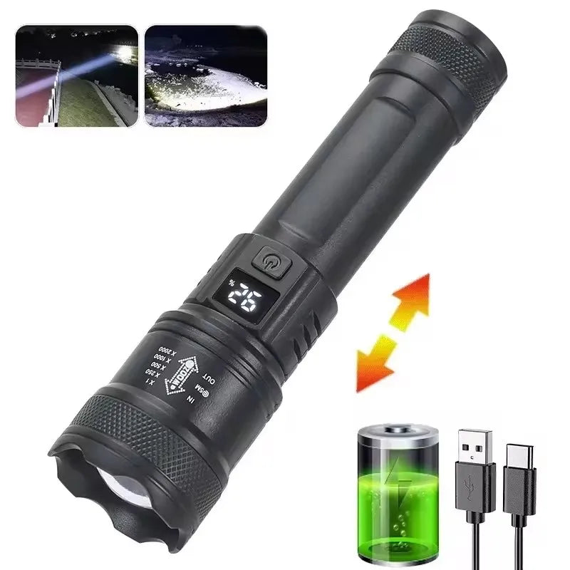 100000LM Powerful LED Flashlight Rechargeable Zoom Tactical Torch 2000M Long Range Powerful Flashlight Fishing Camping Lantern