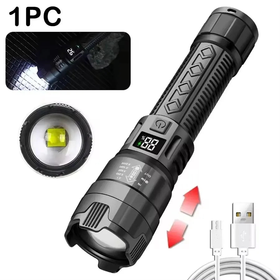 100000LM Powerful LED Flashlight Rechargeable Zoom Tactical Torch 2000M Long Range Powerful Flashlight Fishing Camping Lantern