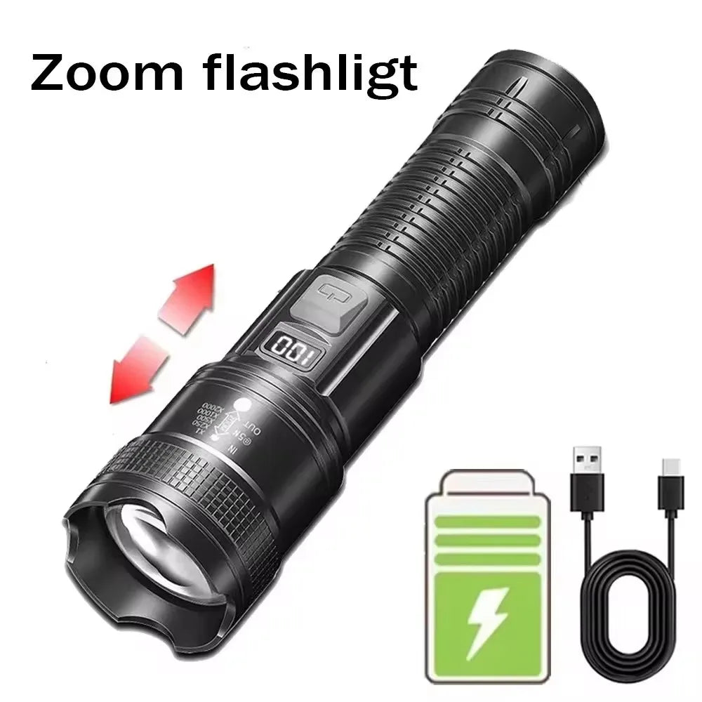 100000LM Powerful LED Flashlight Rechargeable Zoom Tactical Torch 2000M Long Range Powerful Flashlight Fishing Camping Lantern